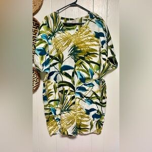 Chico's 3 US (16/18) Plus Size Linen Palm-PrintTunic Wedge Dress Dolman Sleeves